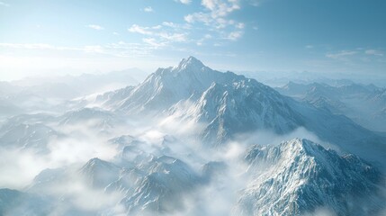 Obraz premium Majestic Snowy Mountain Range Enveloped in Mist: A Breathtaking Aerial View