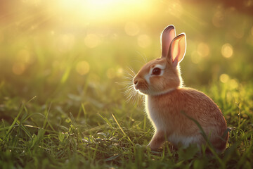 Fototapeta premium Rabbit Sitting on Grass with Sunset Background