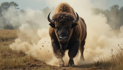 A strong brown bison stomping ahead while carrying dust particles