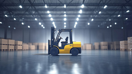 Empty forklift in a spacious, well-organized warehouse. Interior of warehouse dock load cargo electric forklift pallet jack with large shipment goods pallet. Concept of warehouse