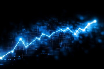 Fototapeta premium An illuminated blue line graph depicts increasing upward market trends