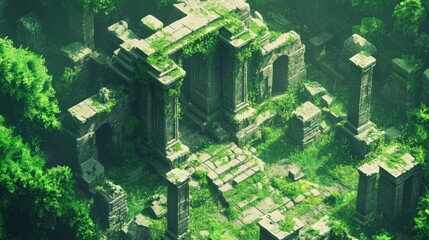 Overgrown Stone Ruins in Lush Green Jungle