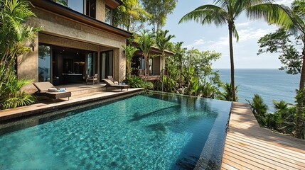 Obraz premium A luxurious infinity pool, surrounded by lush palm trees and a spacious wooden deck, overlooks a tranquil tropical ocean, creating a serene, inviting holiday getaway.