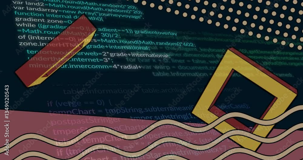 Aufkleber animation with abstract geometric shapes over colorful digital coding patterns
