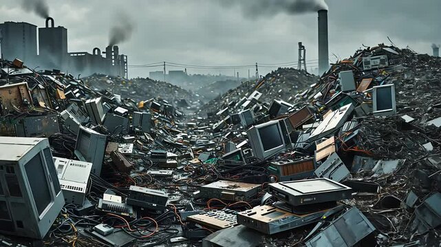 Large landfill filled with discarded electronic waste and old computer monitors near industrial factories and pollution

