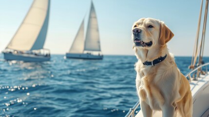 Lab dog enjoys relaxing day on a sailboat while multiple yachts glide across a sunlit ocean