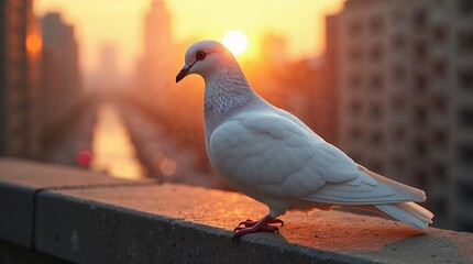 Obraz premium White dove perched during sunset over city skyline 