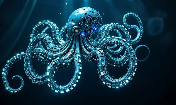 Bioluminescent cybernetic octopus with glowing blue tentacles in an underwater sci-fi scene. Concept of futuristic marine life