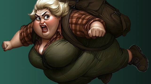 Determined obese tourist flying with backpack and angry expression