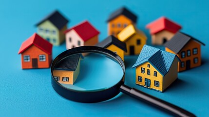 A magnifying glass inspects colorful miniature homes arranged on a blue background, representing house hunting and real estate market analysis.