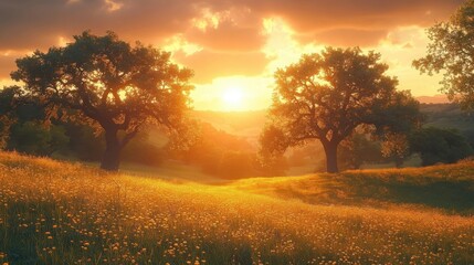 Golden Sunset Over Lush Green Landscape with Silhouetted Trees and Warm Light