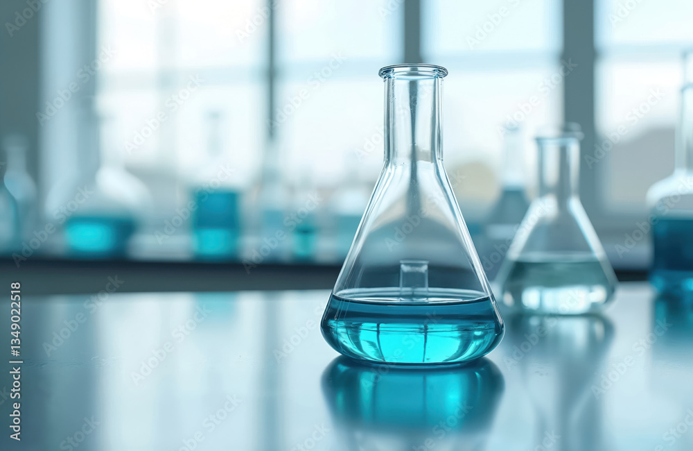 Poster Laboratory scene with Erlenmeyer flask filled with clear blue liquid. Glassware on glossy table. Blurred lab equipment in background. Science, research, chemistry, medicine, biotech concepts.