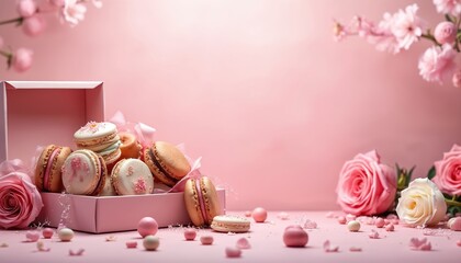 Macaroons cookies in gift box with rose flowers candies on pink background. Holiday presents concept. Sweet pastries, spring romantic design for birthday, wedding, valentine, mother day.