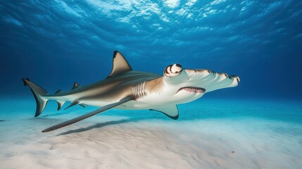 Fototapeta premium A hammerhead shark with its unique head shape clearly visible, gliding through the ocean
