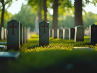 Silhouettes of headstones in a cemetery at sunset.