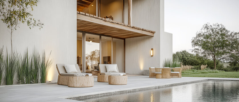 Modern outdoor living space with pool and lounge chairs during golden hour at a luxury home