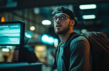 Fototapeta premium Surprised backpacker checking flight details at airport kiosk.