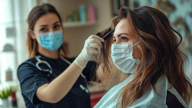 Two stylists wearing masks provide haircut services in a clean, professional salon environment.
