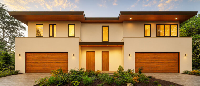 Modern duplex home with elegant design and landscaped garden at sunset