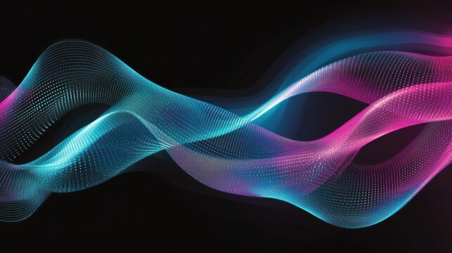 abstract flowing wave pattern with luminous dots in vibrant blue and pink hues against a dark background evoking digital connectivity