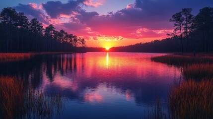 Fototapeta premium Sunset Over Lake with Reflecting Sky and Trees in Tranquil Landscape
