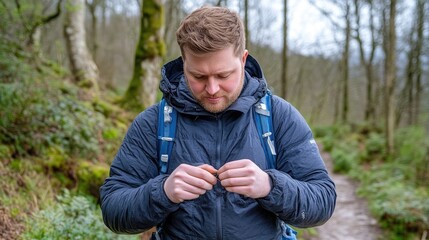 Man zipping up jacket on a trail.  Focus on hands zipping up a jacket. Forest path in the background