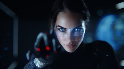 A woman interacting with a sophisticated digital interface, the woman has a focused expression and is touching a transparent, holographic screen that displays various high-tech elements

