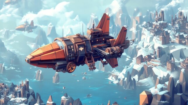 Orange Airship Flying Over a Snowy City and Ocean