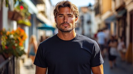 Fototapeta premium A man outdoors, wearing a plain black t,shirt, provides a perfect blank canvas for custom designs or logos, ideal for fashion and advertising mockups.