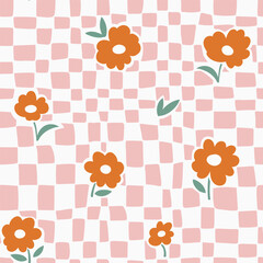 Vector stylish floral checkered seamless pattern. Decorative flowers and checkers seamless  teature. Repeating design for fabric, wallpaper or wrapping paper.