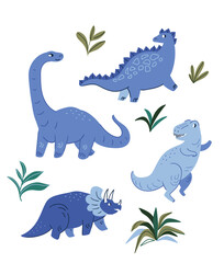 Cute dino hand-drawn vector design elements isolated on white background. Dinosaurs and tropical leaves. Vector animal illustration.