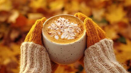 A warm cup of coffee held in cozy knitted gloves outdoors