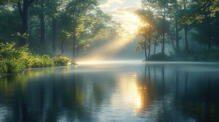 Sunlight Piercing Through Trees Reflecting on Calm Lake in Lush Forest