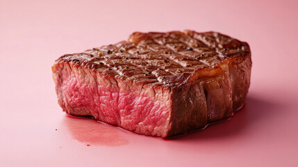 Fototapeta premium Beef steak slice with seasoning on pink background. 