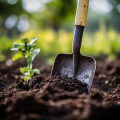 Gardening shovel in rich soil, seedling in background, outdoor setting