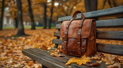 A brown leather bag rests on a park bench in autumn