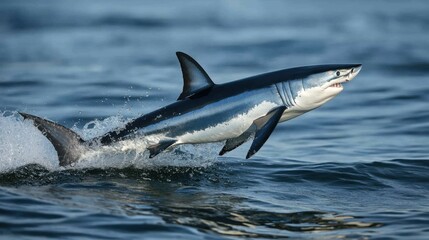 Naklejka premium A mako shark leaping out of the water, its body glistening in the sunlight
