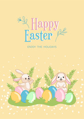 Easter egg hunt poster. Trendy design with typography, hand drawn bunny, Easter eggs