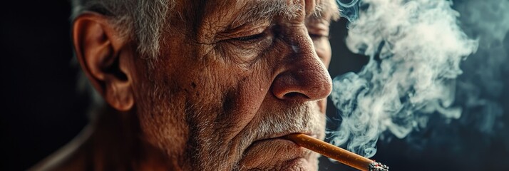 Gray haired man enjoying a pipe, with smoke encircling his head.
