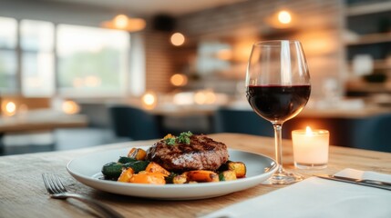Elegant dining scene featuring gourmet steak with colorful veget