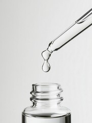 Close-up of a dropper releasing a drop of clear liquid from a glass bottle