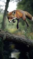 Naklejka premium Red Fox in Leap of Faith: A 3D Render of a Red Fox Gracefully Leaping Over a Log in a Lush Forest Setting