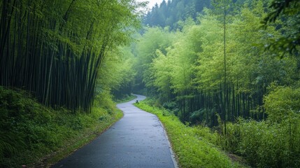 Obraz premium A narrow asphalt road meandering through a dense bamboo forest