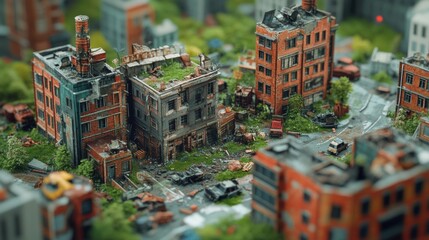 Obraz premium Post Apocalyptic Miniature Cityscape with Overgrown Ruins