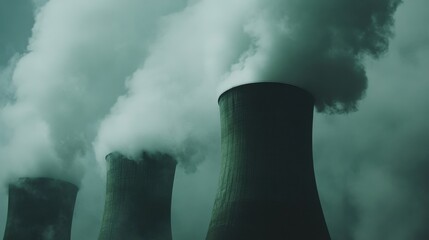 A nuclear power plant with large cooling towers emitting steam