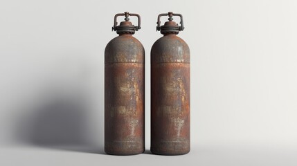 A pair of industrial oxygen tanks standing side by side against a white surface