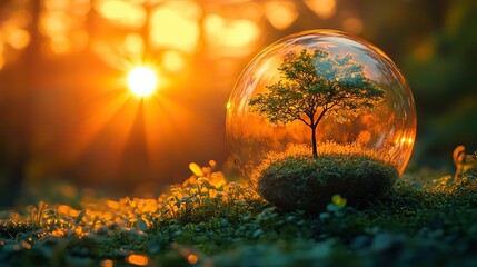 A miniature glass house protects a small green plant at sunset, symbolizing eco,friendly, sustainable housing and environmental conservation for future generations.