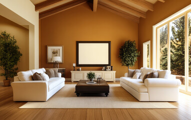 Modern cozy living room with natural light and elegant decor featuring two white sofas