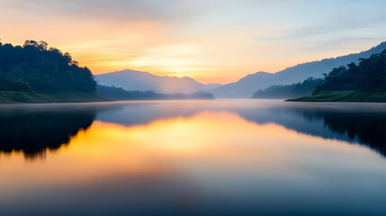 Fototapeta premium A stunning sunset casts golden and blue hues over a calm lake, creating a peaceful and mesmerizing view. Perfect for meditation and relaxation themes. Selective focus