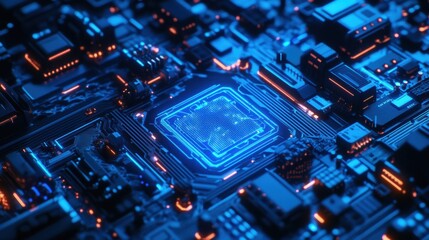 Fototapeta premium Artificial intelligence-driven robotic mind analyzing futuristic data, Ultra HD, neon cyber blue aesthetic with intricate web, --ar 16:9 --v 6.1 Job ID: 90624cc7-45fe-484b-ba3c-5a9be8492814